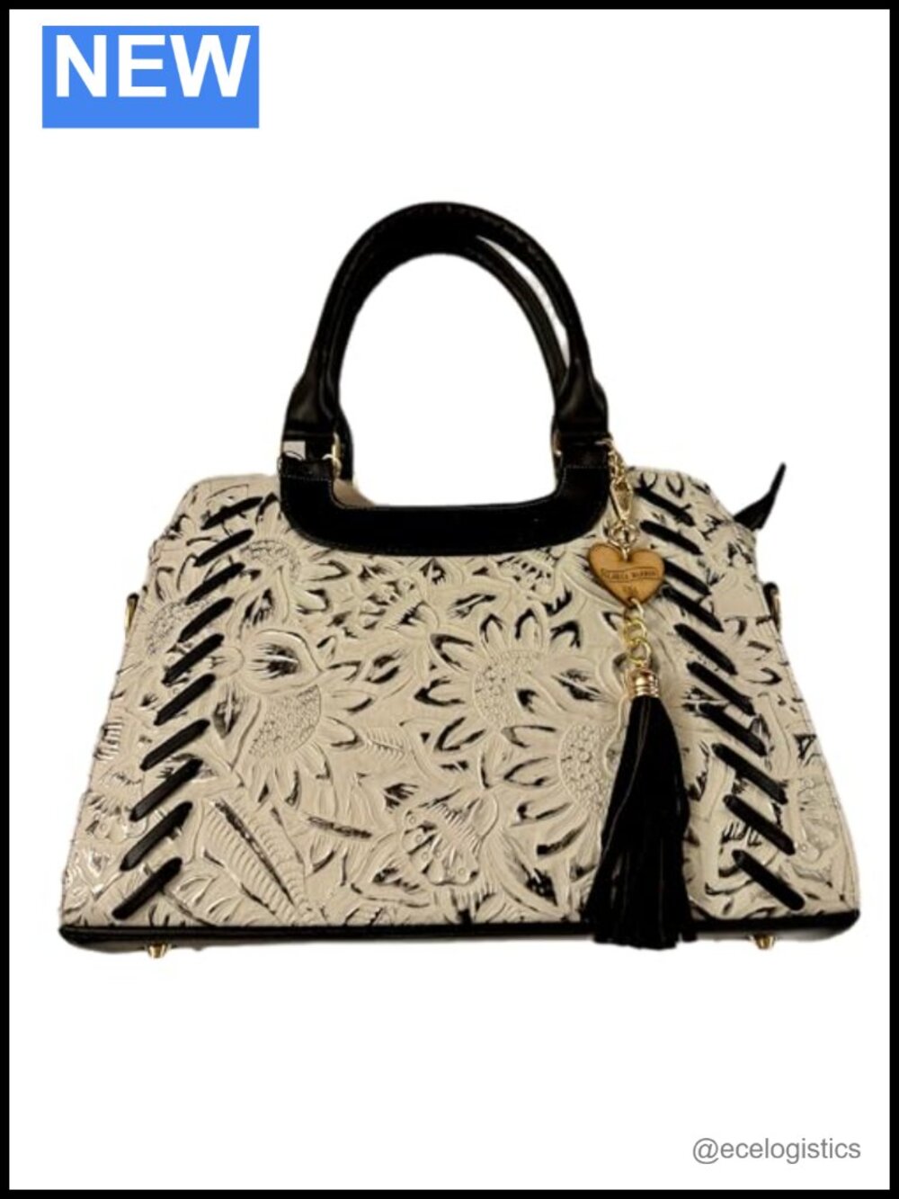 Artisanal Tooled Leather Satchel Embossed Sunflower Pattern, Double Handles